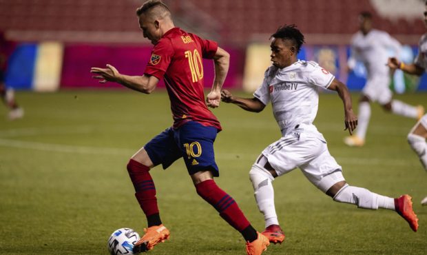 Corey Baird dribbles past LAFC's Latif Blessing during Real Salt Lakes 3-0 home victory on Septembe...