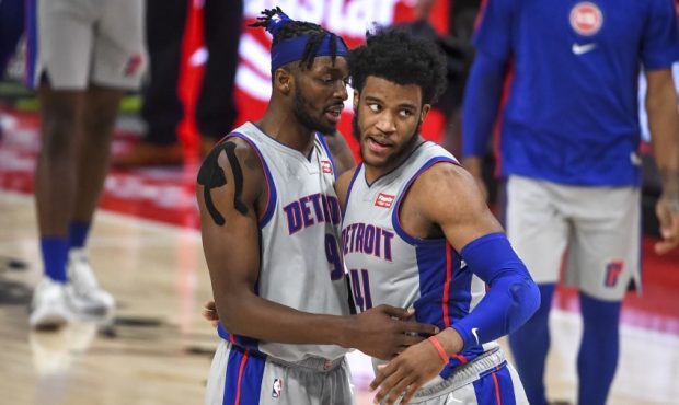 Detroit Pistons forwards Jerami Grant and Saddiq Bey (Photo by Nic Antaya/Getty Images)...