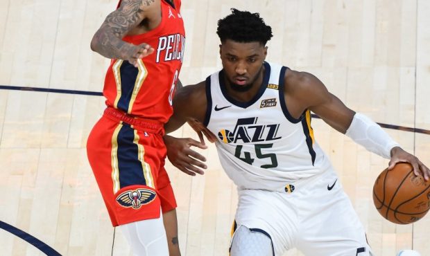 Donovan Mitchell attacks the New Orleans Pelicans (Photo by Alex Goodlett/Getty Images)...