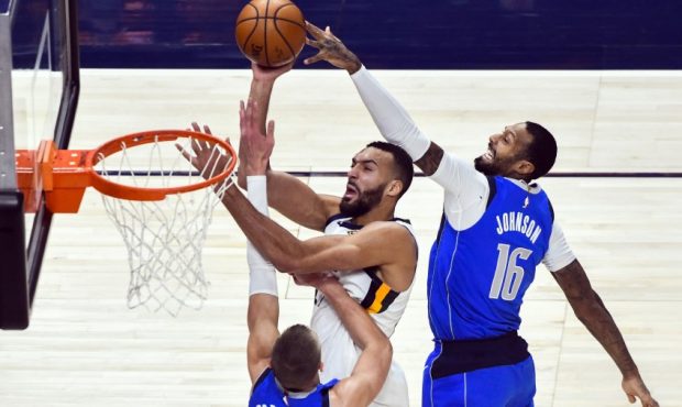 Rudy Gobert goes up for a basket against the Dallas Mavericks (Photo by Alex Goodlett/Getty Images)...