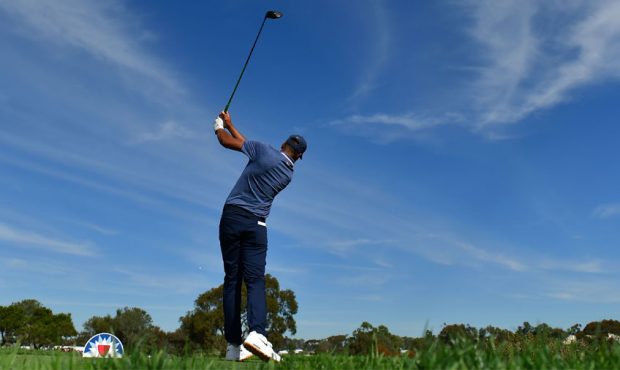 Tony Finau plays his shot on the South Course during the first round of the 2019 Farmers Insurance ...
