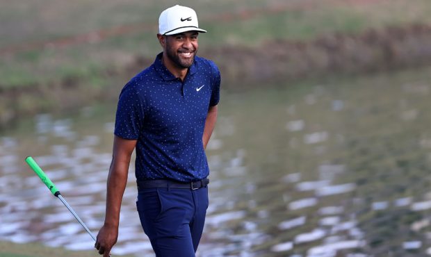 Tony Finau walks along the ninth hole during the second round of The American Express tournament on...