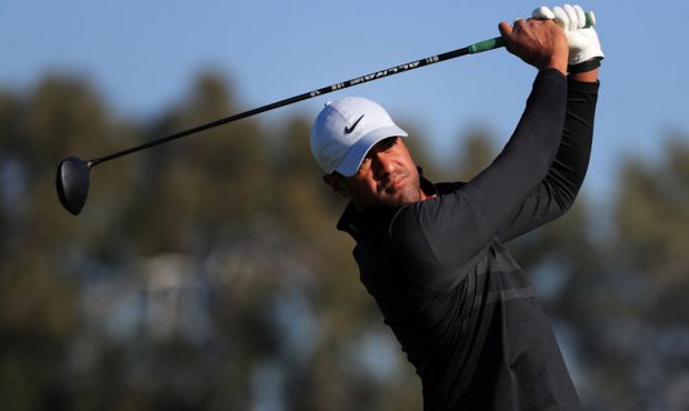 Tony Finau plays his shot from the second tee during the first round of the Farmers Insurance Open ...