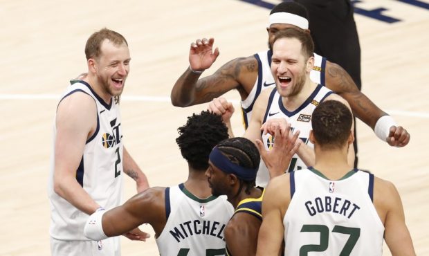 The Utah Jazz celebrate against the Indiana Pacers (Photo by Lauren Bacho/Getty Images)...