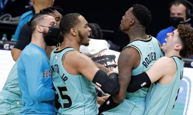 Charlotte Hornets celebrate (Photo by Jared C. Tilton/Getty Images)...