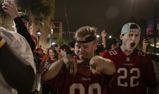 Tampa Bay Buccaneers' fans celebrate their victory after winning the Super Bowl LV, in Tampa, Flori...