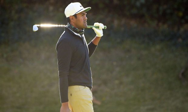Tony Finau of the United States reacts on the 12th hole during the first round of The Genesis Invit...