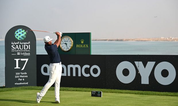 Tony Finau of the USA plays his tee shot on the 17th hole during Day One of the Saudi International...
