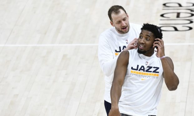 Joe Ingles and Donovan Mitchell of the Utah Jazz (Photo by Alex Goodlett/Getty Images)...