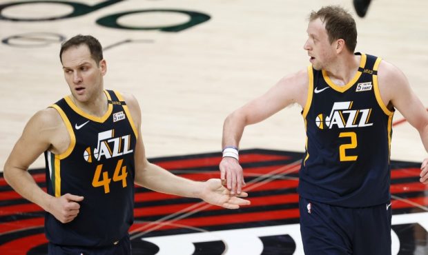Bojan Bogdanovic and Joe Ingles of the Utah Jazz (Photo by Steph Chambers/Getty Images)...