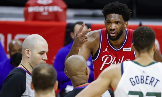 Philadelphia 76ers center Joel Embiid talks to the officials against the Utah Jazz (Photo by Tim Nw...