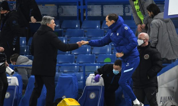 LONDON, ENGLAND - MARCH 08: Thomas Tuchel, Manager of Chelsea and Carlo Ancelotti, Manager of Evert...