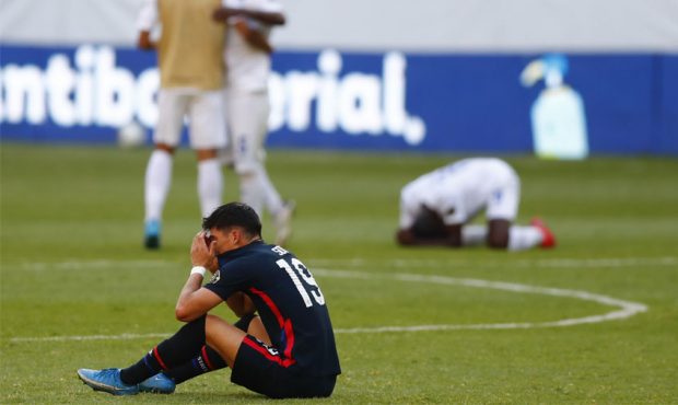 Sebastian Soto #19 of United States reacts after losing the semifinals match between Honduras and U...