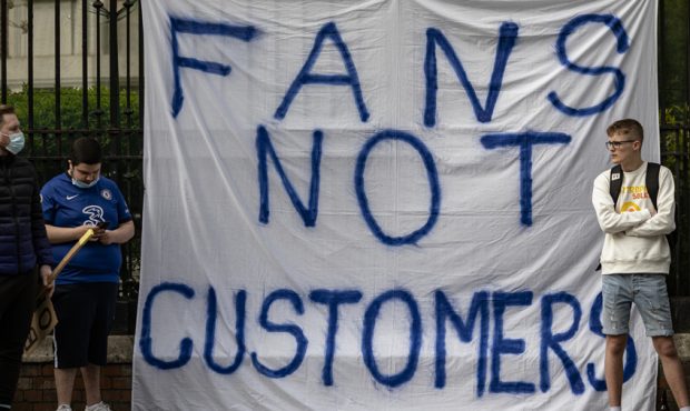 Fans of Chelsea Football Club protest against the European Super League outside Stamford Bridge on ...