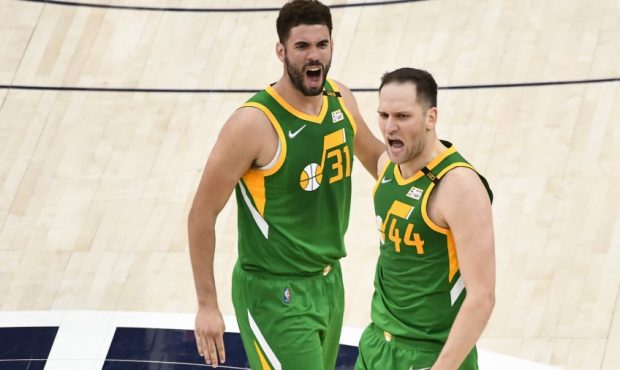 Utah Jazz forward Bojan Bogdanovic and Georges Niang (Photo by Alex Goodlett/Getty Images)...