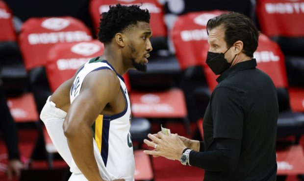Utah Jazz coach Quin Snyder and Donovan Mitchell (Photo by Tim Nwachukwu/Getty Images)...