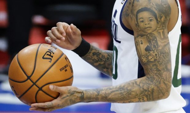 Utah Jazz guard Jordan Clarkson tattoo (Photo by Tim Nwachukwu/Getty Images)...