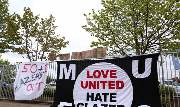 MANCHESTER, ENGLAND - MAY 02: 'Love United Hate Glazer' and '50+1 Glazer Out' banners are seen on a...