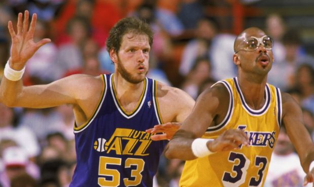 Utah Jazz center Mark Eaton with Los Angeles Lakers legend Kareem Abdul-Jabbar (Photo by Mike Powel...
