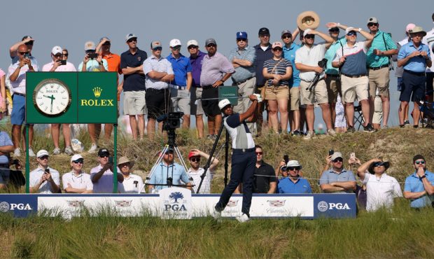 Tony Finau of the United States plays his shot from the 17th tee during the second round of the 202...
