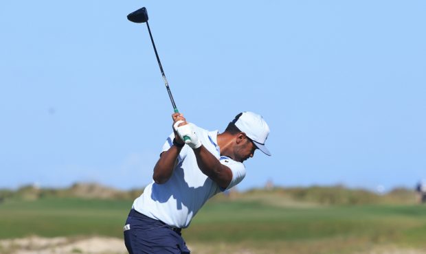 Tony Finau of the United States plays his shot from the 14th tee during the first round of the 2021...