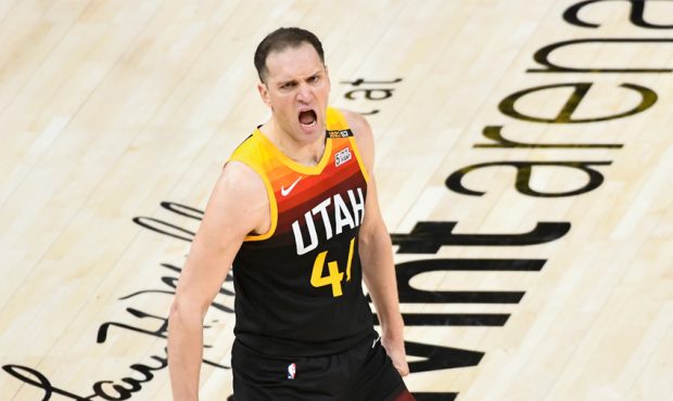 Bojan Bogdanovic #44 of the Utah Jazz celebrates a three-point shot (Photo by Alex Goodlett/Getty I...