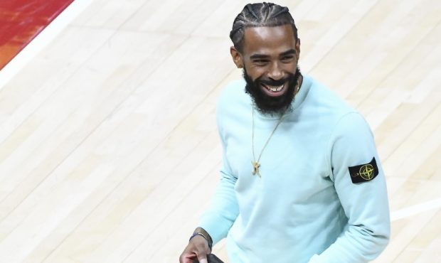 Utah Jazz guard Mike Conley in street clothes (Photo by Alex Goodlett/Getty Images)...