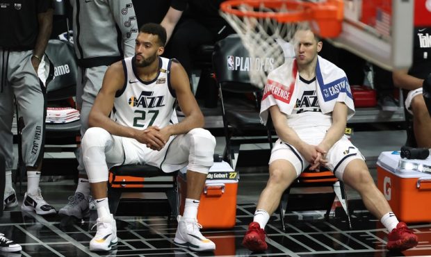 Rudy Gobert and Bojan Bogdanovic sit courtside in a loss to the Los Angeles Clippers (Photo by Sean...