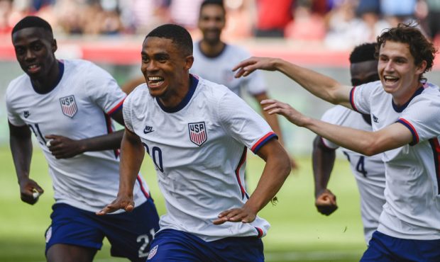Reggie Cannon #20 of the United States celebrates a goal during a game against Costa Rica at Rio Ti...