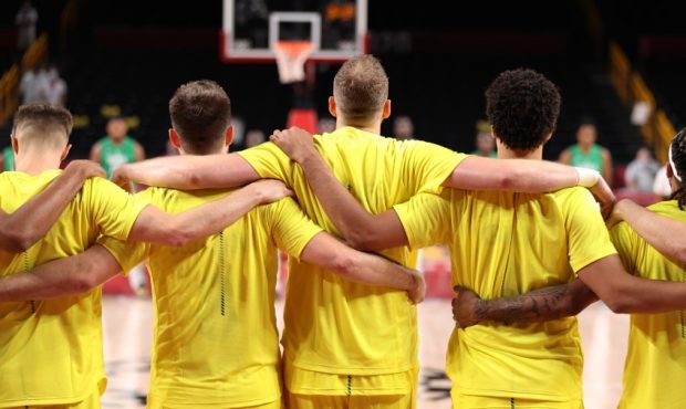 Joe Ingles and team Australia at the Olympics (Photo by Gregory Shamus/Getty Images)...