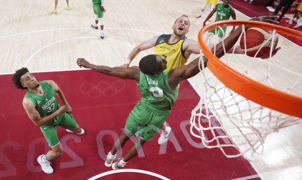 Joe Ingles with the Australian National Team attacks the rim against Nigeria (Photo by Eric Gay - P...