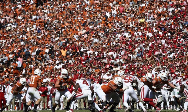 DALLAS, TEXAS - A general view of play between the Texas Longhorns and the Oklahoma Sooners during ...