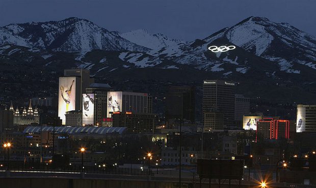 A general view of downtown Salt Lake City at night during the Salt Lake Winter Olympics on February...