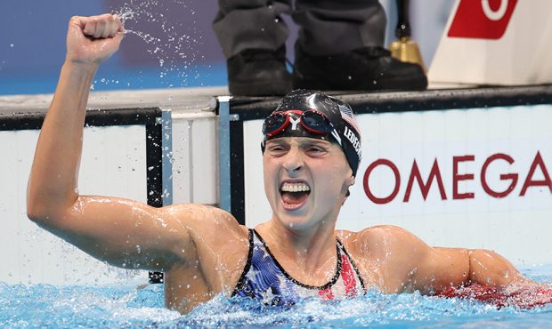 TOKYO, JAPAN - JULY 28: Katie Ledecky of Team United States celebrates after winning the gold medal...