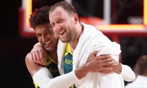 Joe Ingles and Matisse Thybulle celebrating the Australian National Team's Bronze Medal (Photo by G...