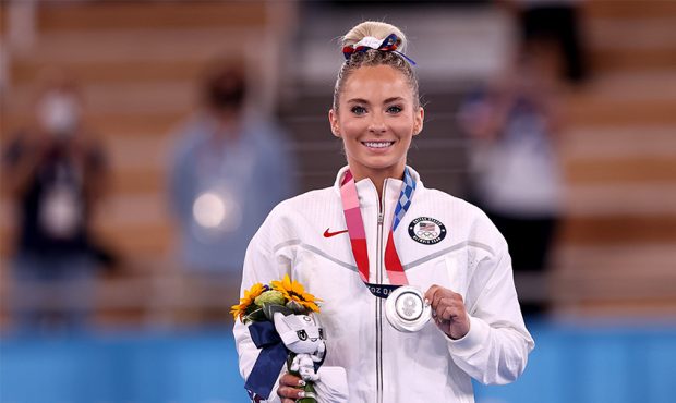 TOKYO, JAPAN - Mykayla Skinner of Team United States poses with the silver medal on the podium duri...