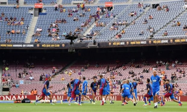 A general view inside the stadium as fans take their seats prior to the LaLiga Santander match betw...
