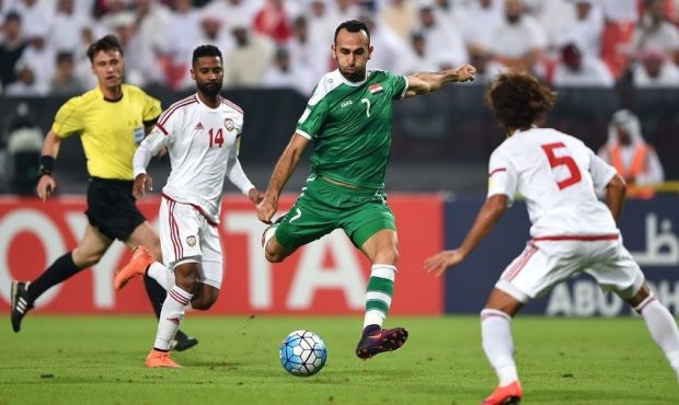 Justin Meram of Iraq attempts to score during the 2018 FIFA World Cup Qualifier match between UAE a...