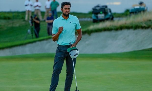 Tony Finau of the United States celebrates winning on the first-playoff 18th hole during the final ...