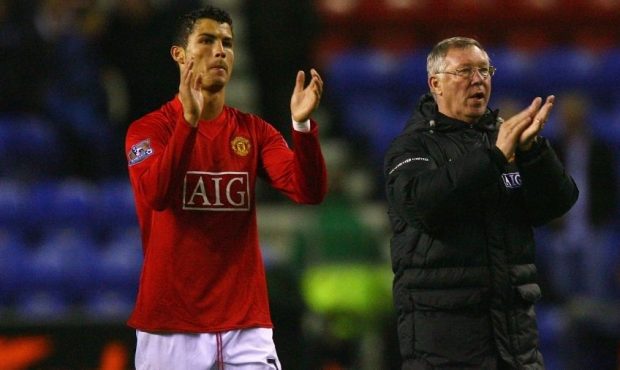 Sir Alex Ferguson the manager of Manchester United and Cristiano Ronaldo celebrate after the Barcla...