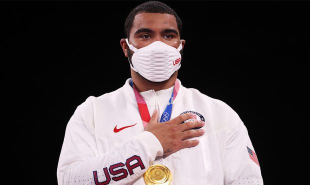 CHIBA, JAPAN - AUGUST 06: Gold medalist Gable Dan Steveson of Team United States poses with the gol...