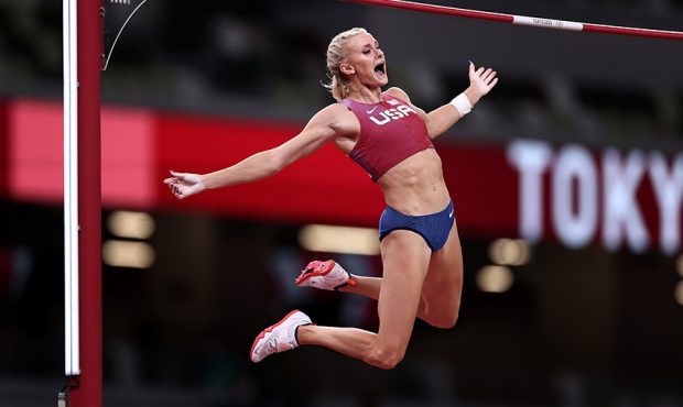 TOKYO, JAPAN - AUGUST 05: Katie Nageotte of Team USA celebrates after clearing 4.90 meters in the W...