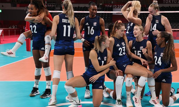 TOKYO, JAPAN - AUGUST 06: Team United States celebrates after defeating Team Serbia during the Wome...