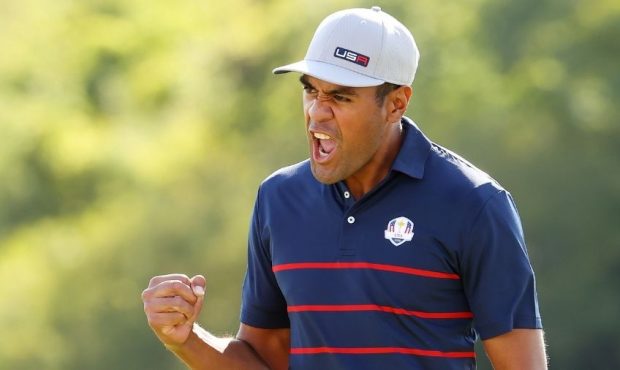 Tony Finau of team United States celebrates on the 10th green during Friday Afternoon Fourball Matc...