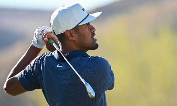 Tony Finau of the United States plays his shot from the second tee during the third round of THE CJ...