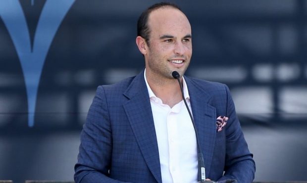 Landon Donovan speaks during a ceremony to unveil his statue ahead of a game between the Los Angele...