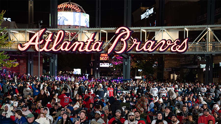 ATLANTA, GA - OCTOBER 31: Braves fans watch Game 5 of the World Series at Truist Park on October 31...