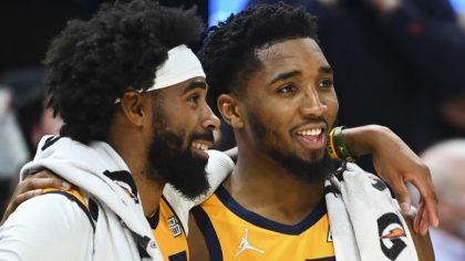 Utah Jazz guards Mike Conley and Donovan Mitchell (Photo by Alex Goodlett/Getty Images)...