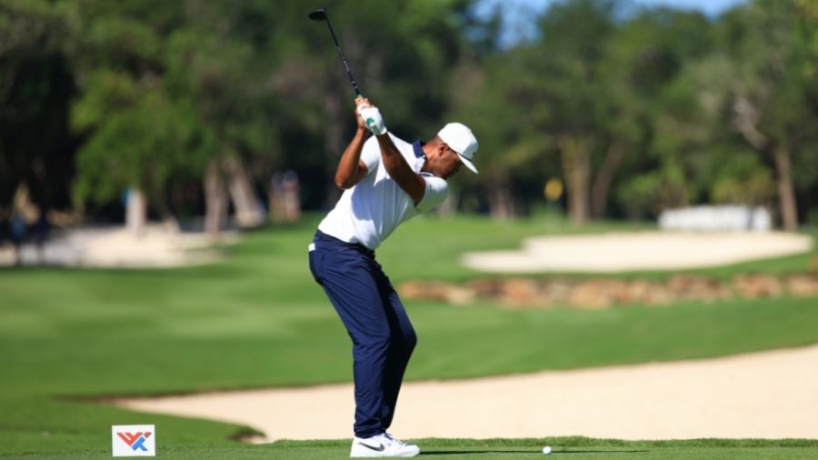 Tony Finau of the United States plays his shot from the sixth tee during the third round of the Wor...