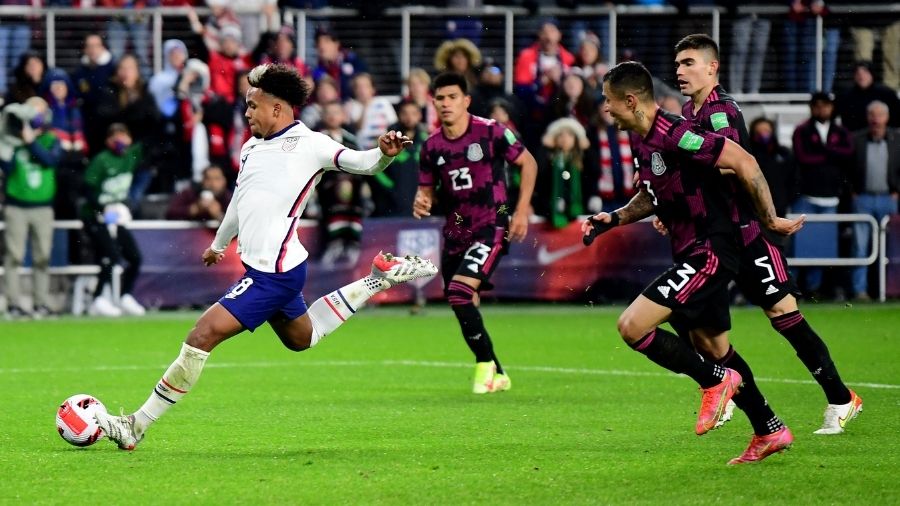 Weston McKennie #8 of the United States shoots and scores a goal during the second half of a FIFA W...